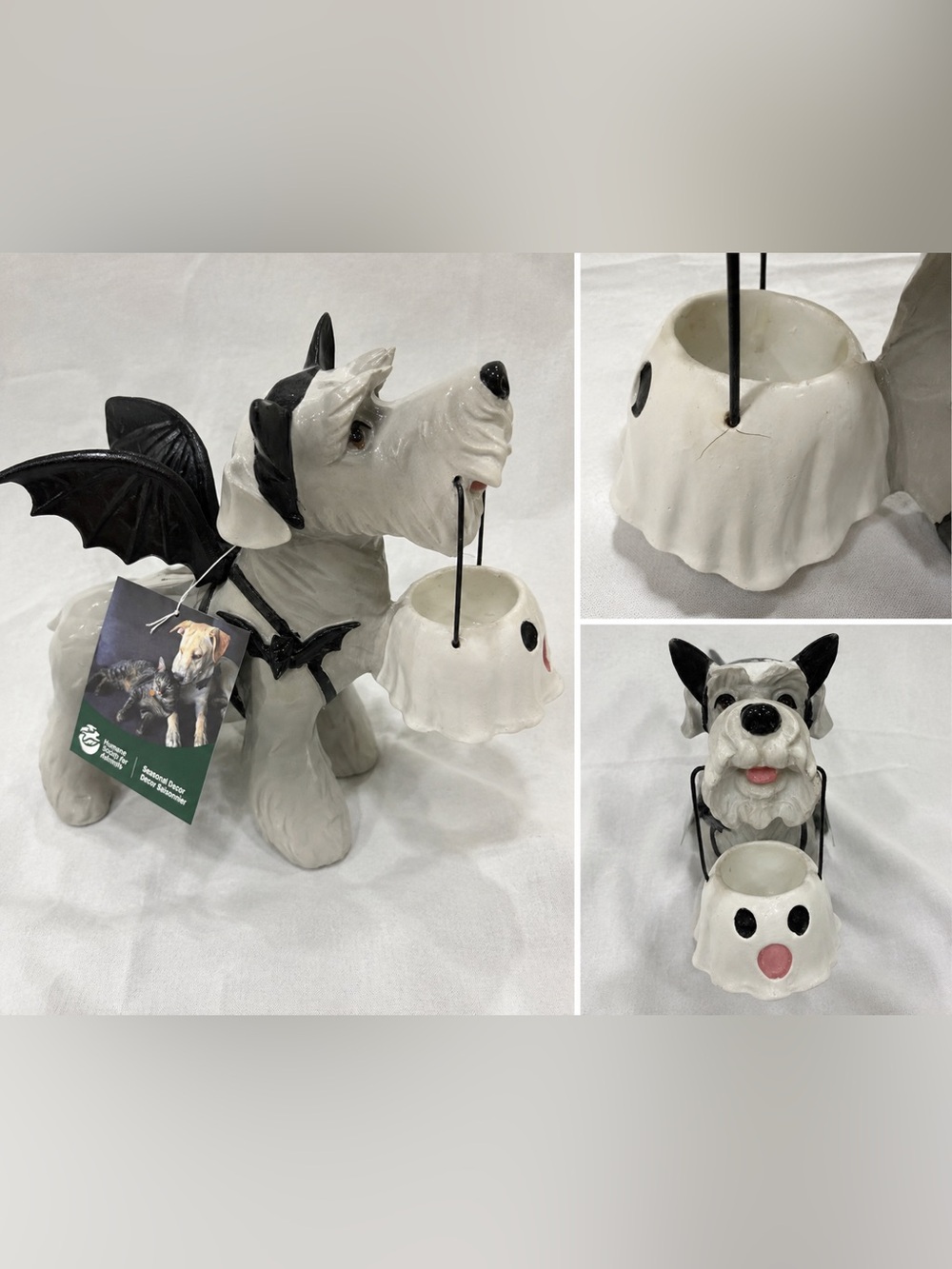 Viral Ceramic Schnauzer Dog Figurine with Bat Wings & Ghost Candy Bucket –